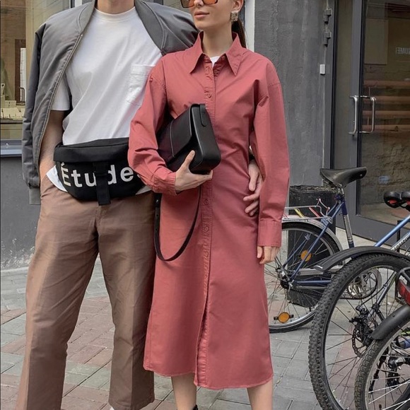 UNIQLO U Long Sleeve Shirt Dress Salmon Pink NWOT - Picture 2 of 2